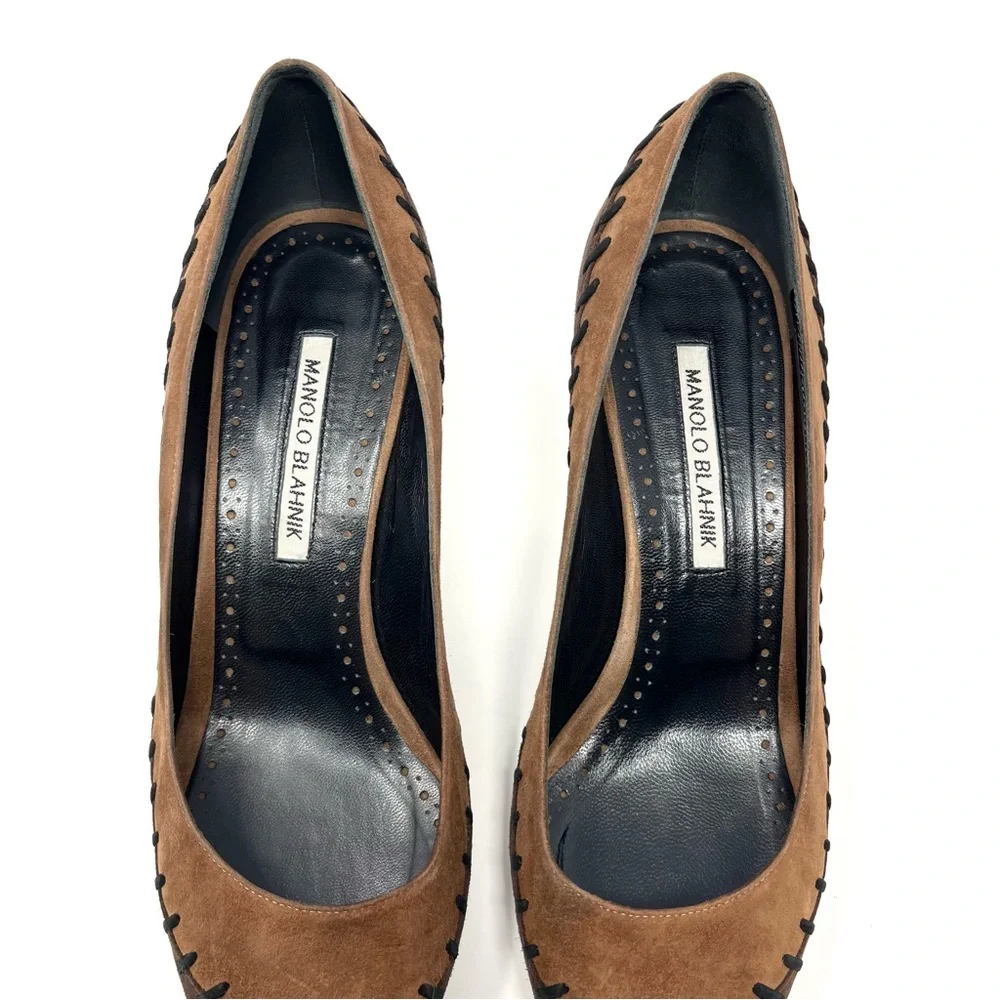 Manolo Blahnik Western Suede Kitten Low Heels Pumps Brown Tan Pointed Toe 40 10